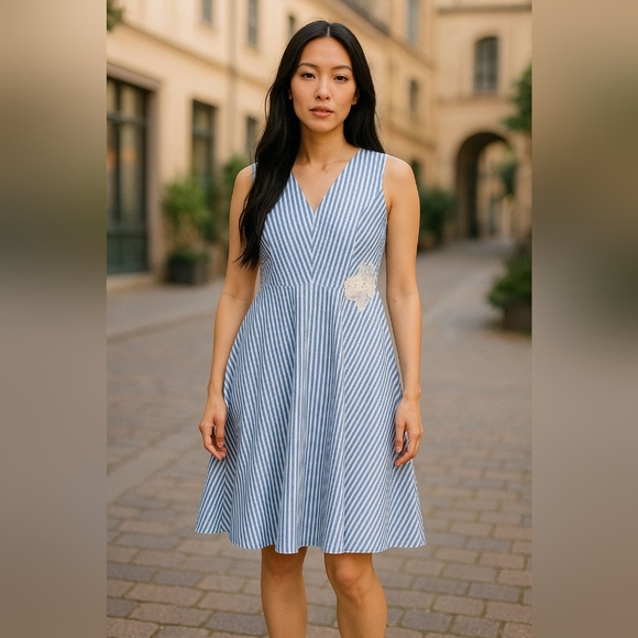 London Times Dresses & Skirts - London Times blue & white striped sleeveless Fit And Flare dress, Sz 16